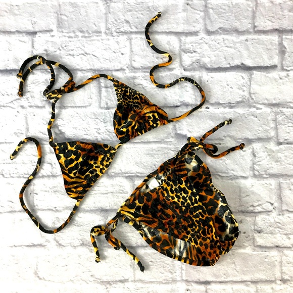 Gold Coast Other - Vintage Gold Coast Animal Print Velour String Bikini Cheetah Tiger Stripe Mix